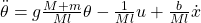 \ddot{\theta} = g\frac{M+m}{Ml}\theta - \frac{1}{Ml}u + \frac{b}{Ml}\dot{x}