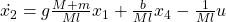 \dot{x_2} = g\frac{M+m}{Ml}x_1 + \frac{b}{Ml}x_4 - \frac{1}{Ml}u